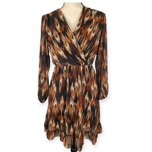 Chic Orange and Black Wrap Dress with Bishop Sleeves